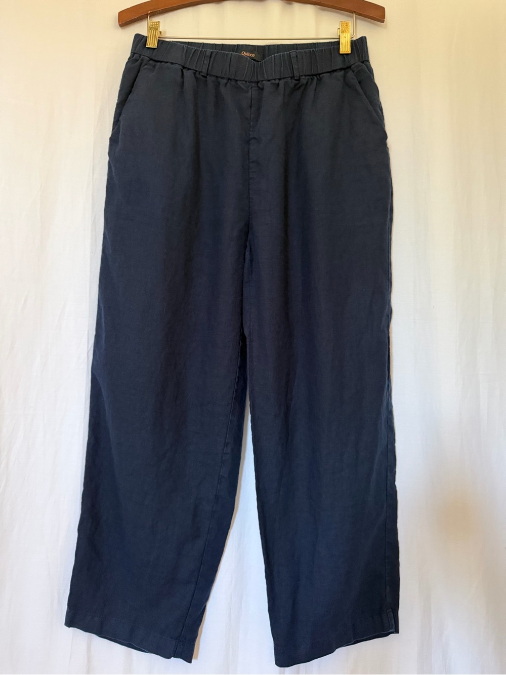 Quince 100% Linen Capri Pants w. Elasticated Waist Side Pockets - Navy - M